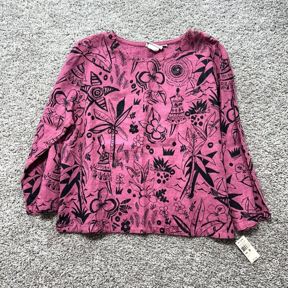 Hot Cotton By Marc Ware Womens S Pink & Black Graphic Print 100% Linen Top - Picture 2 of 9